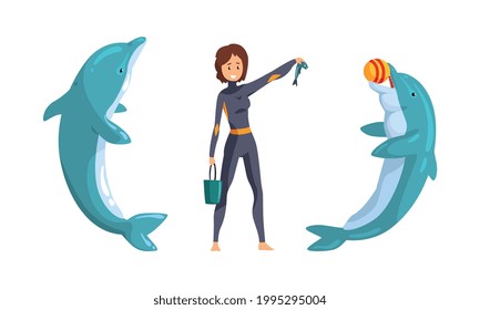 Dolphinarium Trainer Feeding Dolphin With Fish, Dolphinarium Or Oceanarium Concept Cartoon Vector Illustration