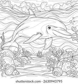 Dolphin.Coloring book antistress for children and adults. Illustration isolated on white background.Zen-tangle style. Hand draw