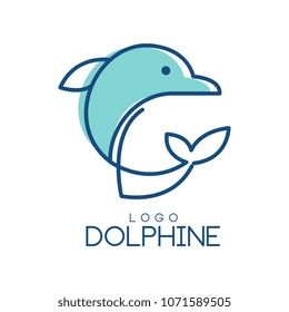 Dolphine logo design, abstract emblem with dolphin in blue colors vector Illustration on a white background
