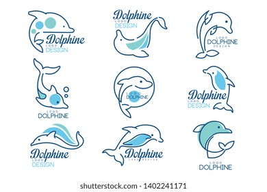 Dolphine logo templates set, nautical design elements in blue colors vector Illustrations on a white background