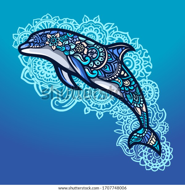 イルカのツェンタングルアートフルカラー のベクター画像素材 ロイヤリティフリー