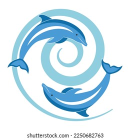 Delfines entre las olas azules. Para materiales impresos o diseño de sitios web. Logotipo