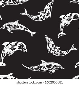 Dolphins , animals , fish, sea vector white seamless pattern on black background. Concept for print, textile, cards, wallpaper, wrapping paper  