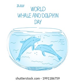 Dolphins in the aquarium as a symbol of the need to protect the sea. Illustration for World Whale and Dolphin Day.