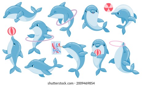 Dolphins with balls. Cute cartoon blue dolphin character play, jump through hoop and draw. Marine animal dolphinarium performance vector set. Dolphin show performance jump hoop illustration