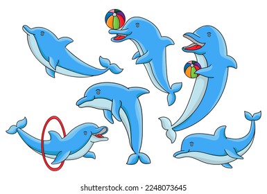Dolphins and balls  Cute cartoon blue dolphin character play  jump through hoop   draw  Marine animal dolphinarium performance vector set  Dolphin show performance jump hoop illustration