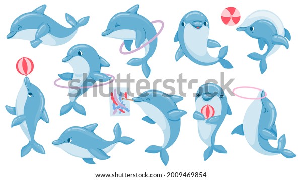 Dolphins\
with balls. Cute cartoon blue dolphin character play, jump through\
hoop and draw. Marine animal dolphinarium performance vector set.\
Dolphin show performance jump hoop\
illustration
