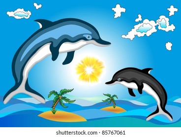 Dolphins: blue and black on the background of the ocean, islands and sun.