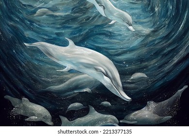 Dolphins in the blue sea. Digital Oil Painting	