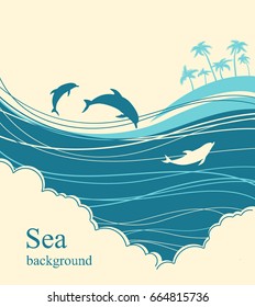 Dolphins in blue sea wave.Seascape illustration horizon for text