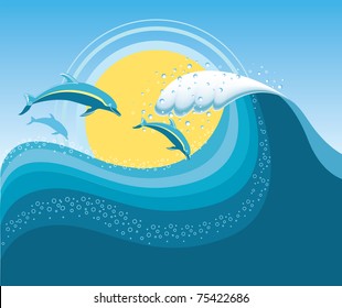 Dolphins in blue sea wave.Vector cartoons seascape.Mesh