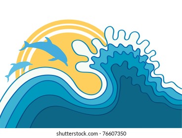 Dolphins in blue sea wave.Vector cartoons seascape