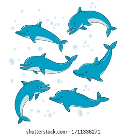 Dolphins and bubbles, various poses of a sea animal. Colorful doodles