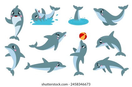 Dolphins characters funny emotions. Cute dolphin swimming and playing, doing tricks. Underwater cartoon animals different poses, classy vector set