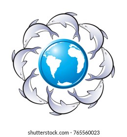 dolphins in circle around globe in color-vector drawing