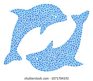 Dolphins collage of dots in various sizes and color tones. Circle dots are grouped into dolphins vector illustration. Dotted vector illustration.