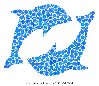 Dolphins collage of round dots in various sizes and color tints. Circle elements are composed into dolphins vector mosaic. Vector design concept.