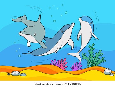 Dolphins colorful illustration, underwater