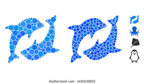 Dolphins composition of filled circles in various sizes and color tints, based on dolphins icon. Vector filled circles are combined into blue composition.