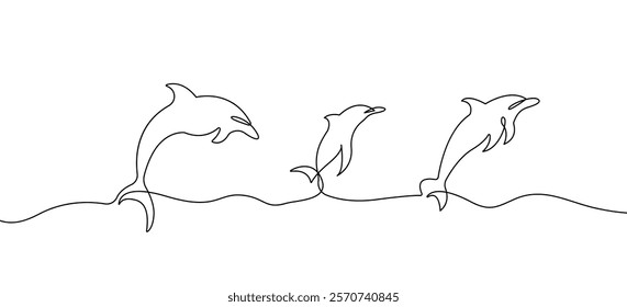 Dolphins Continuous Line Drawing. Group of Dolphins Vector Continuous Single Line Art Isolated on White Background. Dolphins Swim Minimalism Hand Drawn Style. Minimalist Sketch Contour Art. Not AI