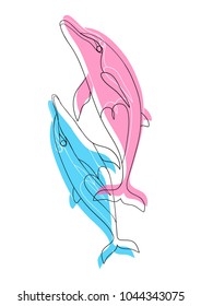 Dolphins. Couple of blue-pink dolphins fall in love. Romantic sketch illustration of beautiful decorative element. Hand drawn vector illustration isolated on white, logo, t-shirt design.