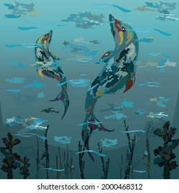 Delfines en las profundidades del océano, entre las olas y las algas. Agua y claroscuros.