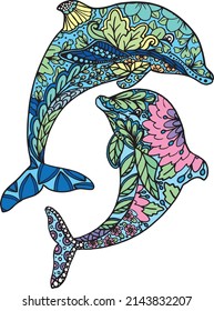 Dolphins doodle with flower decorative elements. Coloring page for adults and kids. Hand-drawn art design. Vector Illustration.