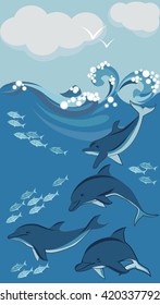 dolphins and fish, underwater, vector illustration