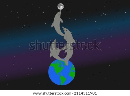 Dolphins fly from Earth to the Moon. Vector Illustration