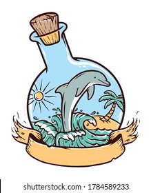 Dolphins in a glass bottle vector illustration