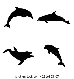 Dolphins graphic icons set. Signs swimming dolphins isolated on white background. Sea life symbols. Vector illustration