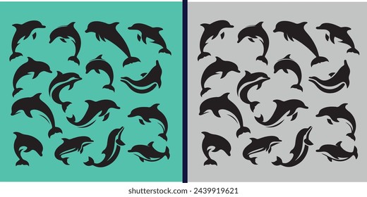 Dolphins graphic icons set. Signs swimming dolphins isolated on white background. Sea life symbols. Vector illustration