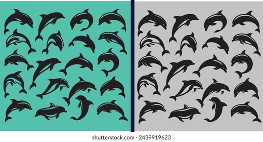 Dolphins graphic icons set. Signs swimming dolphins isolated on white background. Sea life symbols. Vector illustration