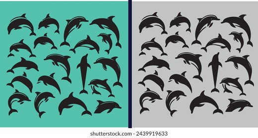 Dolphins graphic icons set. Signs swimming dolphins isolated on white background. Sea life symbols. Vector illustration