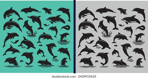 Dolphins graphic icons set. Signs swimming dolphins isolated on white background. Sea life symbols. Vector illustration