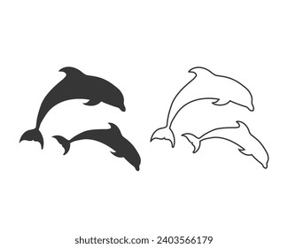 Dolphins graphic line icon set. Signs swimming dolphins isolated on white background. Sea life symbols. Vector illustration