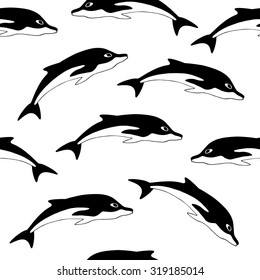 Dolphins hand drawn seamless pattern. Ink cute pattern. Wrapper for the birthday present, the background for the site, fabric texture, background for save the date cards. Abstract dolphin pattern