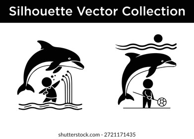Delfines con la interacción humana aislada en el fondo blanco, Vector