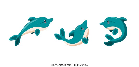 Dolphins isolated in white background. Set of playful baby dolphins for kids product designs. Vector illustration in cartoon sryle