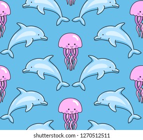Dolphins and jellyfish. Seamless pattern. Cute cartoon animal background. Print for textile, fabric, posters, postcard, decor, paper, wallpaper. Vector illustration.