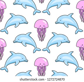 Dolphins and jellyfish. Seamless pattern. Cute cartoon animal background. Print for textile, fabric, posters, postcard, decor, paper, wallpaper. Vector illustration.