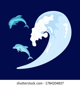 Dolphins jump on the waves on the dark blue background. Flat Art Vector illustration