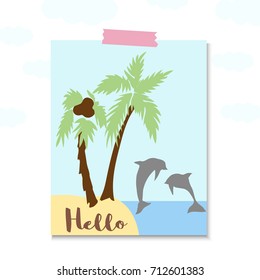Dolphins jump over the water. Beach with a coconut palm. Vector cartoon illustration can be used for baby t-shirt, print design, baby shower, greeting and invitation card.
