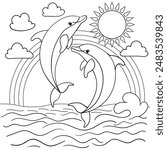 Dolphins jump from the sea against the background of the rainbow and the sun. Black and white linear illustration. Isolated on a white background. For children