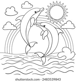 Dolphins jump from the sea against the background of the rainbow and the sun. Black and white linear illustration. Isolated on a white background. For children's design of coloring books, prints, post