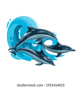 Dolphins jump in sea waves, vector ocean animals mascot. Cartoon dolphins family playing and splashing on sea water surface, Aqua travel, summer vacation isolated emblem or icon on white background