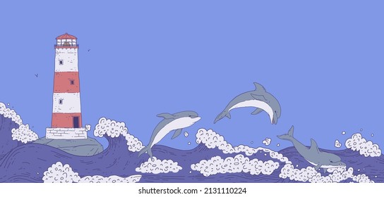 Dolphins jumping and lighthouse on rock among stormy sea waves. Seascape with playful aquatic animals. Doodle line vector Illustration banner.