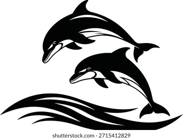 Delfine springen Ozean Welle Silhouette Vektorgrafik für Meeresleben Logos und Sommer Strand Symbole.