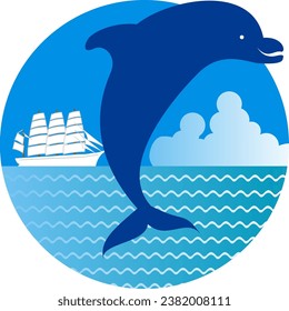 Dolphins jumping on the waves and a sailing ship cruising in the distance