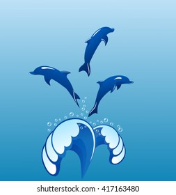 Dolphins jumping out of a fountain of waves